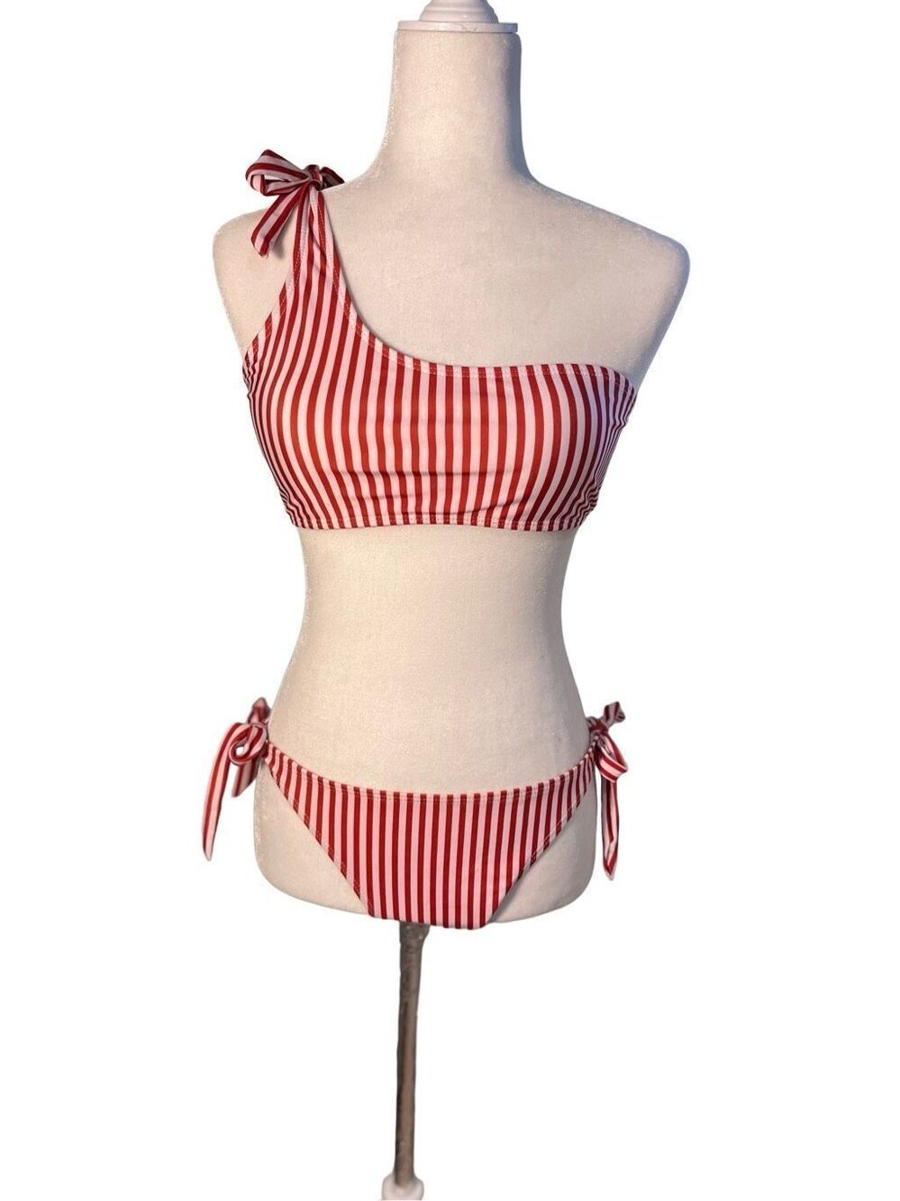 NWOT one-shoulder red and white striped bikini - L